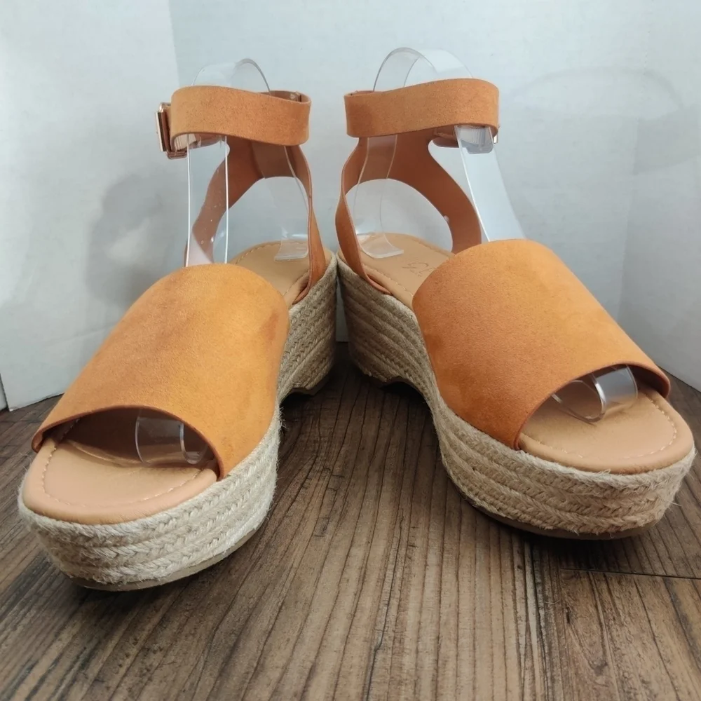 ROUGE Tradition Espadrille Sandals Ankle Strap Tan Faux Suede Platform Women 8.5